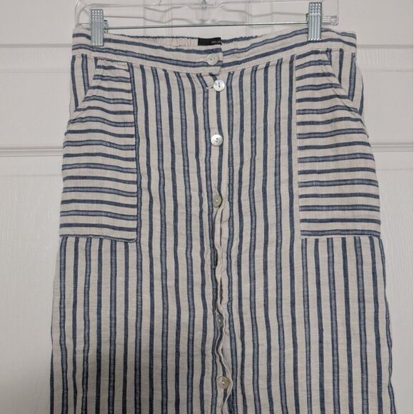 Tahari 100% Linen Stripe Maxi Skirt Womens Size Medium Blue Coastal Button Front - Picture 2 of 10